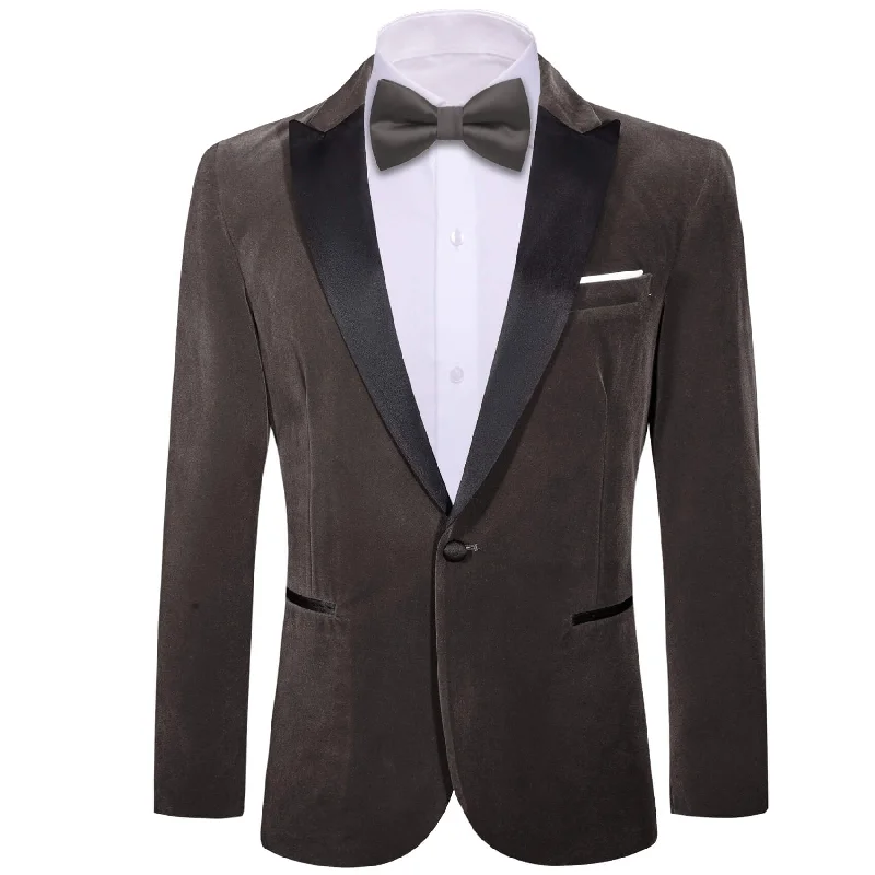 Men's modern checkered wedding suit -Barry.Wang Men's Suit Ash Grey Solid Slim Silk Peak Collar Suit Business