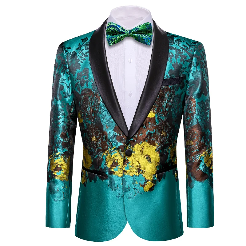 Stylish black tie tuxedo suit -Barry.wang Men's Suit Blue Brown Floral Suit Jacket for Dress Party