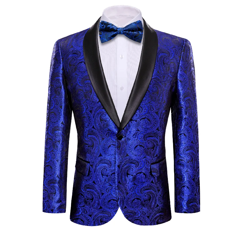 Men's elegant blue wedding tuxedo -Barry.wang Men's Suit Cobalt Blue Floral Silk Shawl Collar Suit Jacket