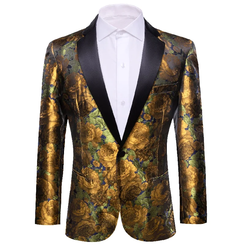 Best tuxedo rental for men -Barry.wang Men's Suit Gold Green Flower Notched Collar Suit Jacket