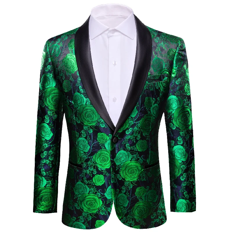 Designer tuxedo for men -Barry.Wang Men's Suit Green Blue Flower Shawl Collar Suit Jacket