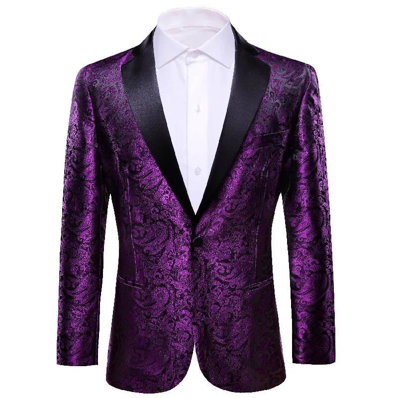 Men's slim fit checkered tuxedo -Barry.wang Men's Suit Purple Paisley Silk Notched Collar Suit Jacket