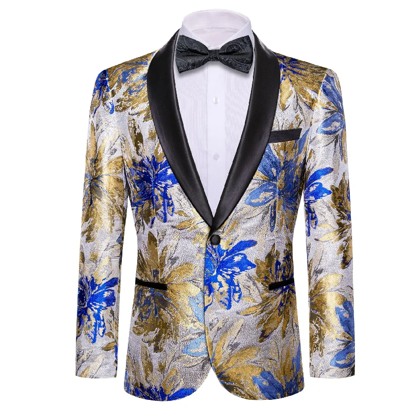 Best wedding tuxedo suits for men -Barry.wang Men's Suit Silver Blue Floral Shawl Collar Suit Jacket