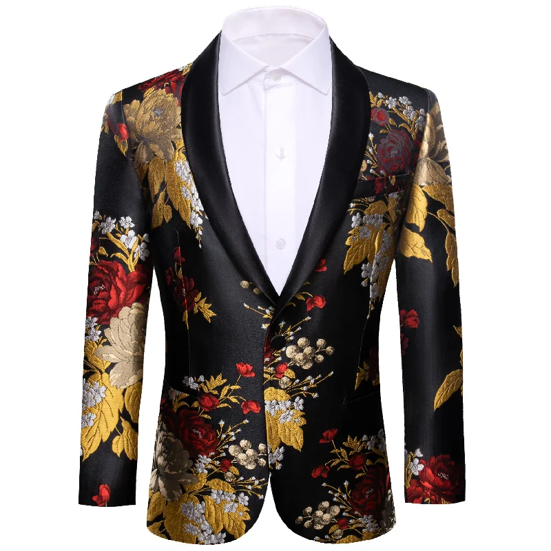 Men's slim fit tuxedo with bowtie -Barry.wang Shawl Collar Shirt Men's Black Yellow Floral Suit Jacket