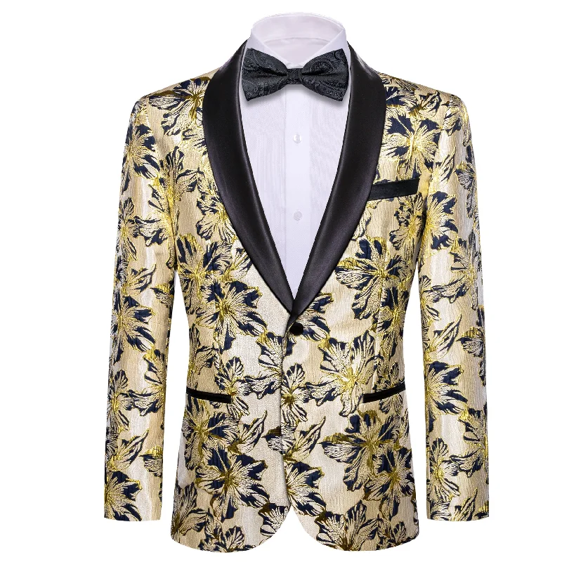 Men's wool tuxedo for wedding guests -Barry.wang Shawl Collar Suit Black Gold Floral Men's Suit Jacket