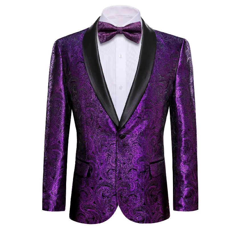 Men's tailored grey business suit -Barry.wang Shawl Collar Suit Men's Purple Floral Suit Jacket