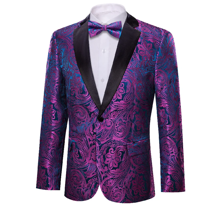 Men's modern office tuxedo suit -Black Friday Deal Barry.wang Notched Collar Suit Men's Purple Jacquard Floral Suit Jacket