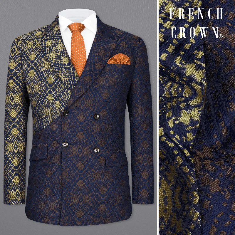 Men's casual tuxedo dinner jacket -Bleached Navy Blue with Apache Gold Double Breasted Jacquard Textured Designer Blazer