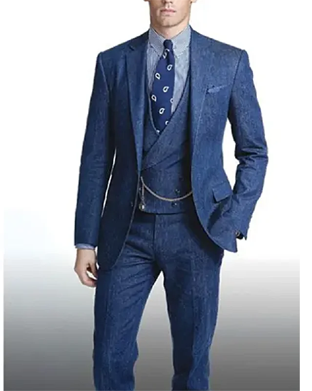 Men's wool business tuxedo jacket -Blue Vintage 3 Pieces Canadian Tuxedo for Men ,Denim Suit (Jacket+pants +vest) CB110113