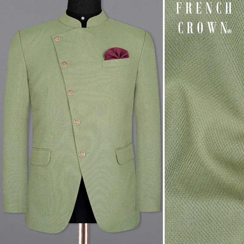 Men's slim fit navy business suit -Camouflage Green Cross Placket Bandhgala Wool rich Blazer