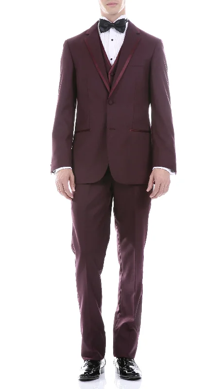 Men's designer tuxedo with satin lapel -Celio Burgundy 3 Piece Slim Fit Tuxedo