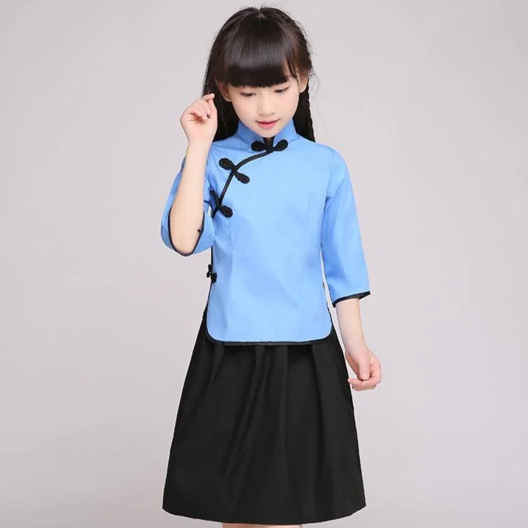 Best designer tuxedo for business wear -Cheongsam Top Knee Length Skirt Girl's Suit School Uniform