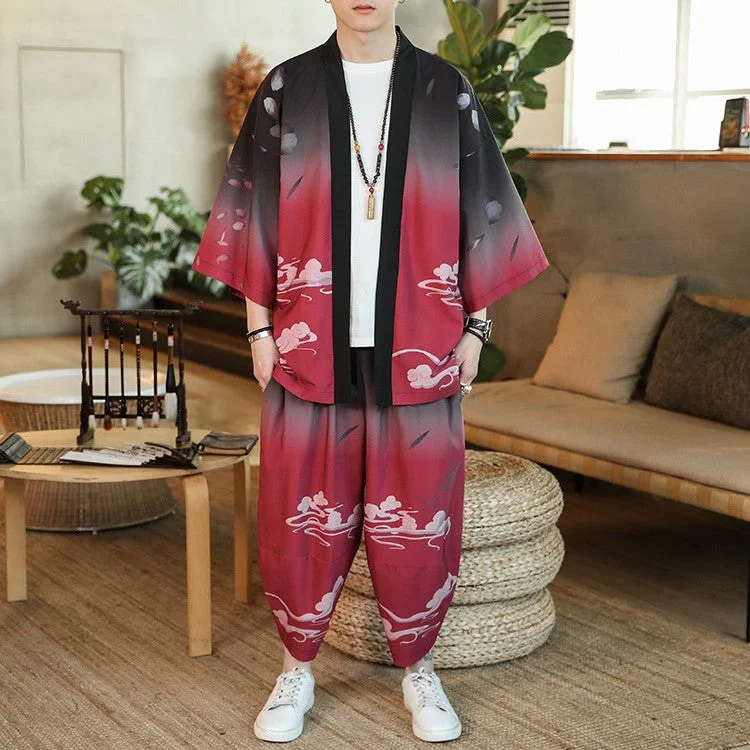 Men's slim fit tuxedo with bowtie -Chinese Style Floral Silk Casual Kimono Suit