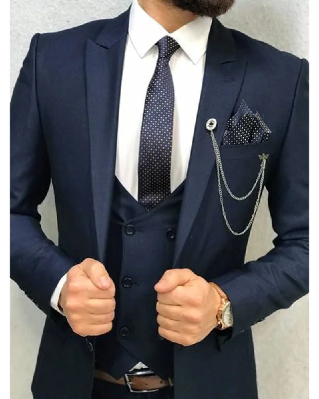 Men's slim fit navy business suit -Classic Navy Groomsmen Wedding Dress Suits /Tuxedo 3 Pieces (jacket+pants +vest)CB6688