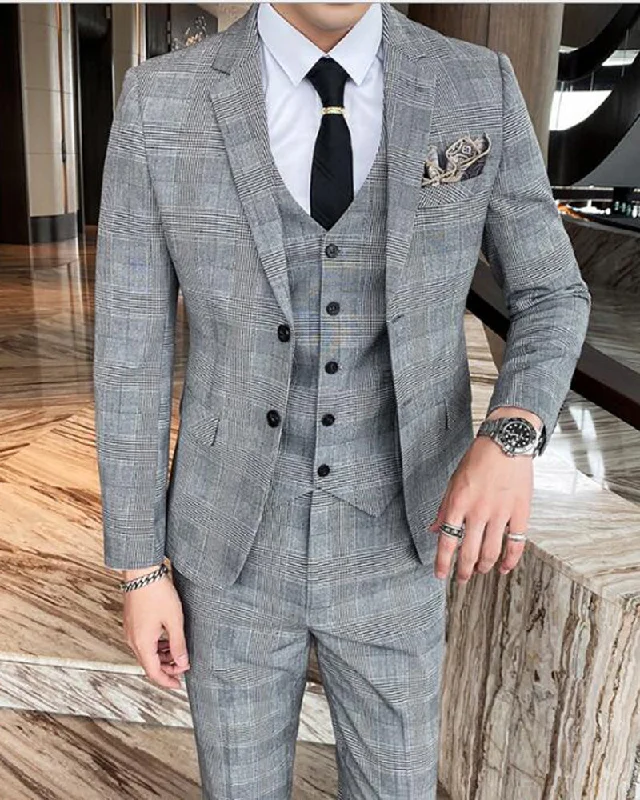 Men's business tuxedo with pocket square -Classic Pattern Menswear Dogtooth Houndstooth Suit Checked 3 Pieces Suits (Jacket +Pants +vest)CB01125