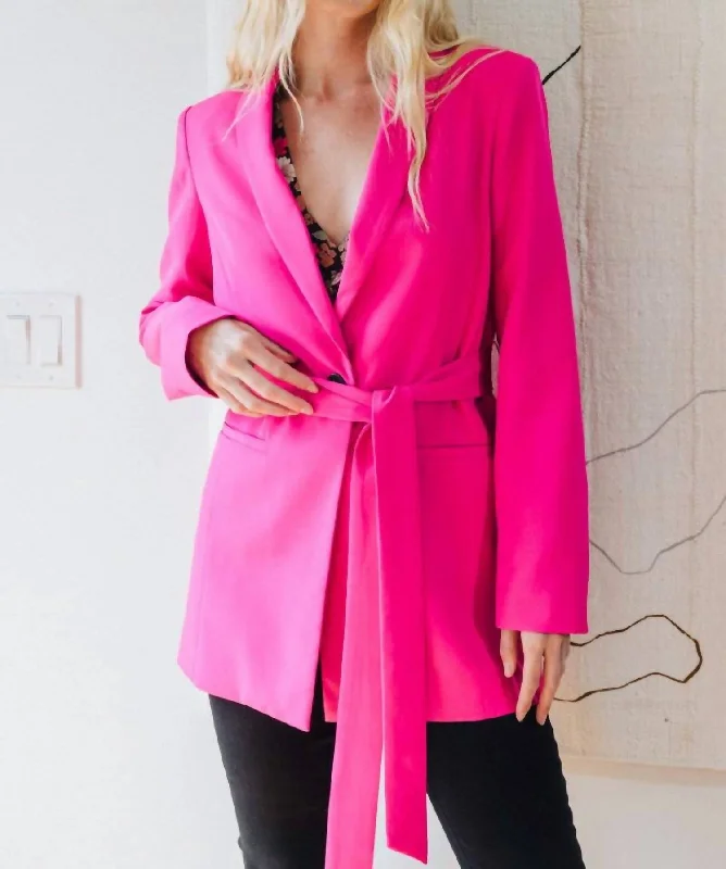 Men's designer office business suit -Collared Tuxedo Long Belted Blazer In Fuchsia