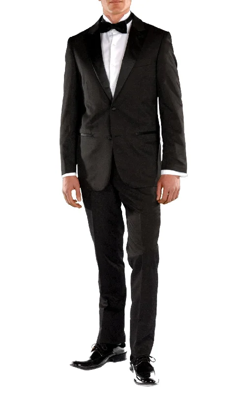 Men's modern tuxedo for wedding guests -Crisp Black Slim Fit Peak Lapel 2 Piece Tuxedo