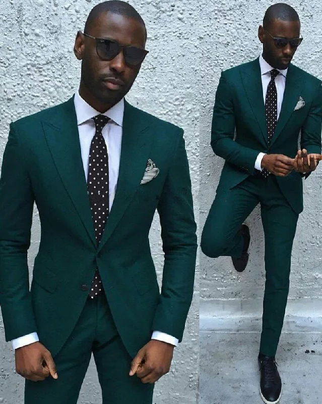 Men's designer slim fit business tuxedo -Custom Made Teal Green Peak Lapel Single Breasted Button  Groom Wedding Tuxedos for Men Slim Fit