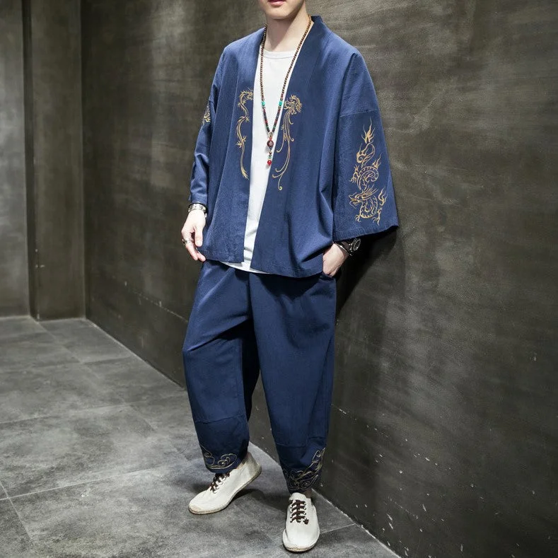 Men's elegant velvet tuxedo -Dragon Embroidery Chinese Style Casual Kimono Suit