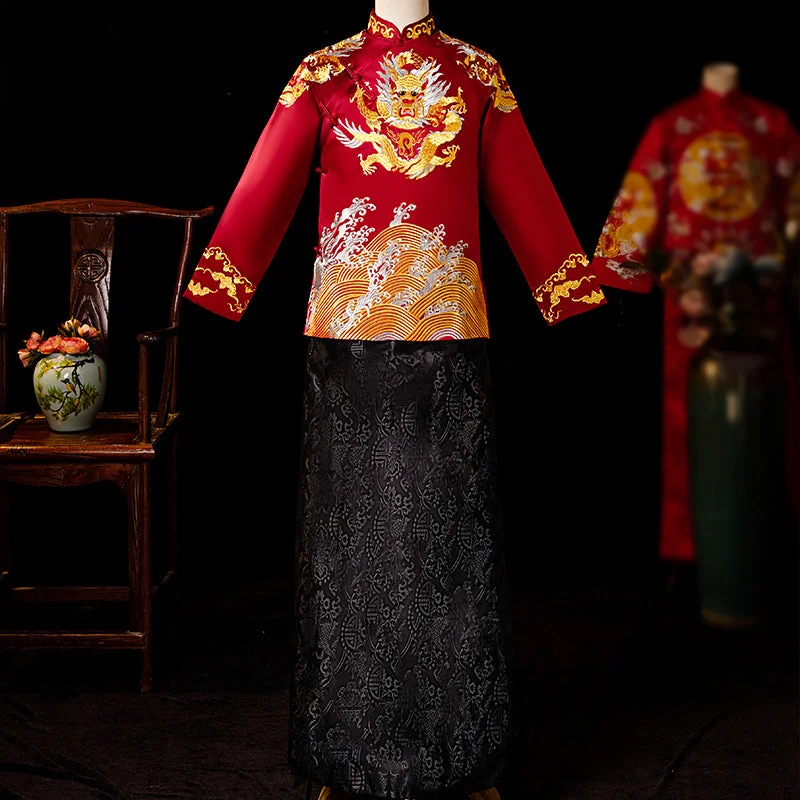 Best men's tuxedo for business party -Dragon Embroidery Full Length Traditional Chinese Groom Suit with Strap Buttons