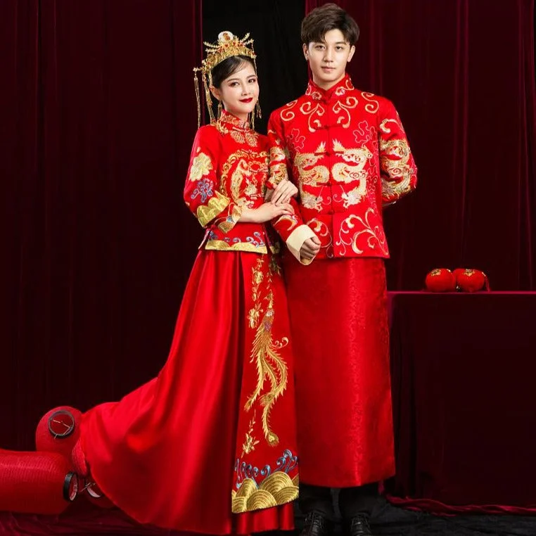 Men's formal office wedding suit -Dragon Embroidery Full Length Traditional Chinese Groom Suit