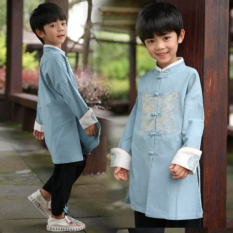 Men's formal three-piece tuxedo -Dragon Embroidery Kid's Kung-fu Suit Long Traditional Chinese Suit