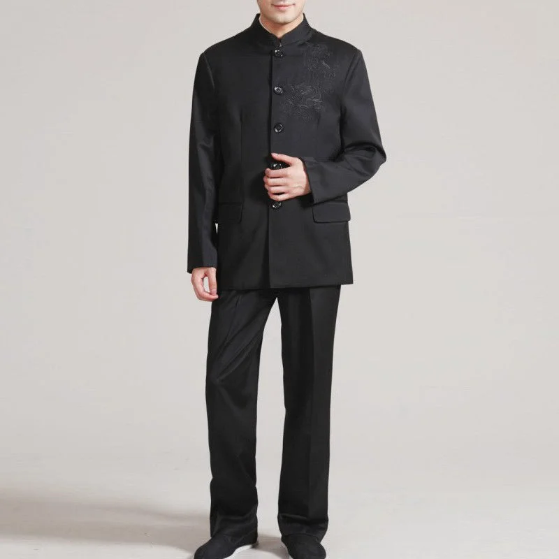 Men's stylish wool tuxedo for office -Dragon Embroidery Traditional Cotton Chinese Kung Fu Suit