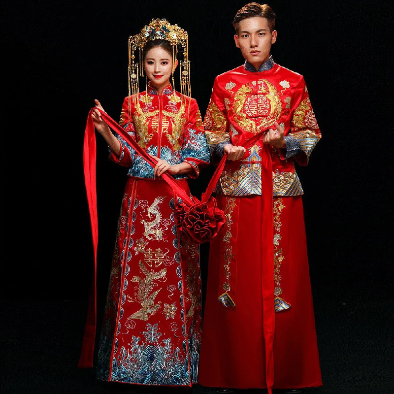 Men's wedding tuxedo with satin finish -Dragon & Phoenix Embroidery Brocade Traditional Chinese Groom Suit