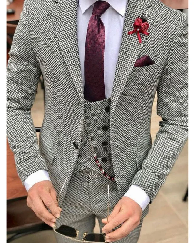 Men's modern grey tuxedo for formal event -Fashion Wool Houndstooth Men Dress Prom Suits for Wedding Groom Tuxedos 3 Pieces