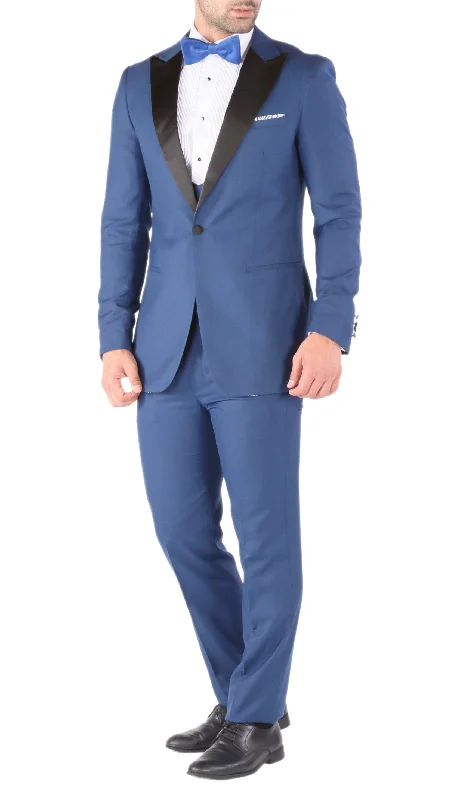 Men's slim fit grey tuxedo -Ferrecci Luna 3 Piece Slim Fit Indigo Blue Peak Lapel Tuxedo