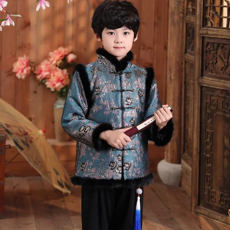 Men's office slim fit tuxedo -Floral Brocade Fur Edge Chinese Style Boy's Wadded Suit