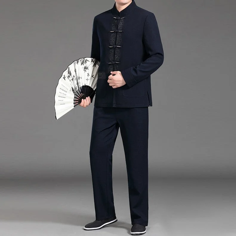 Men's classic black tie dinner suit -Floral Embroidery Chinese Style Leisure Suit with Strap Buttons