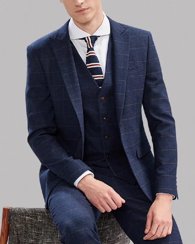 Men's navy blue tuxedo for wedding guests -Gentlemen  Checked Pattern Plaid Suits 3 Pieces Blue Men's Business Suits Menswear Wedding Suit Men CB0921