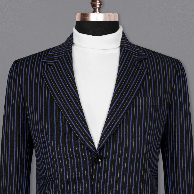 Men's premium slim fit tuxedo suit -Jade Black and Mariner Blue Striped Woolrich Blazer