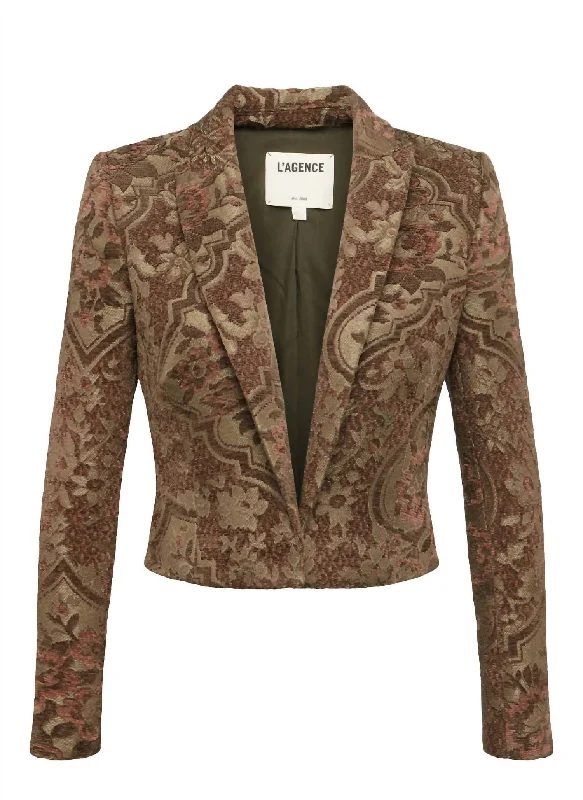 Men's formal business wool tuxedo -Jen Cropped Blazer In Green Multi Tapestry