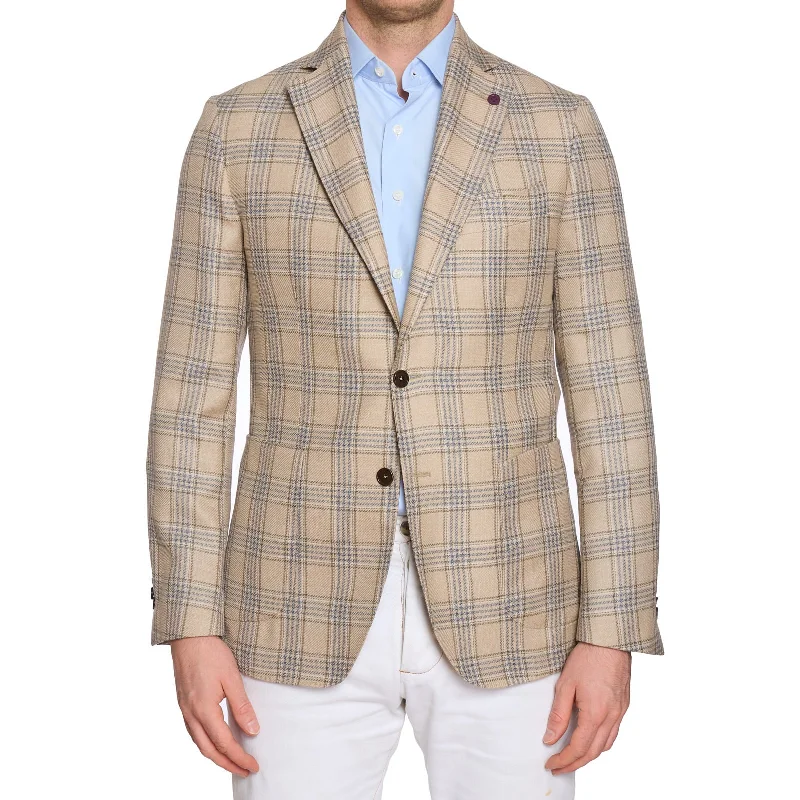 Men's business formal three-piece suit -SARTORIA PARTENOPEA Beige Plaid Wool-Silk Jacket Blazer EU 48 NEW US 38 Current Model