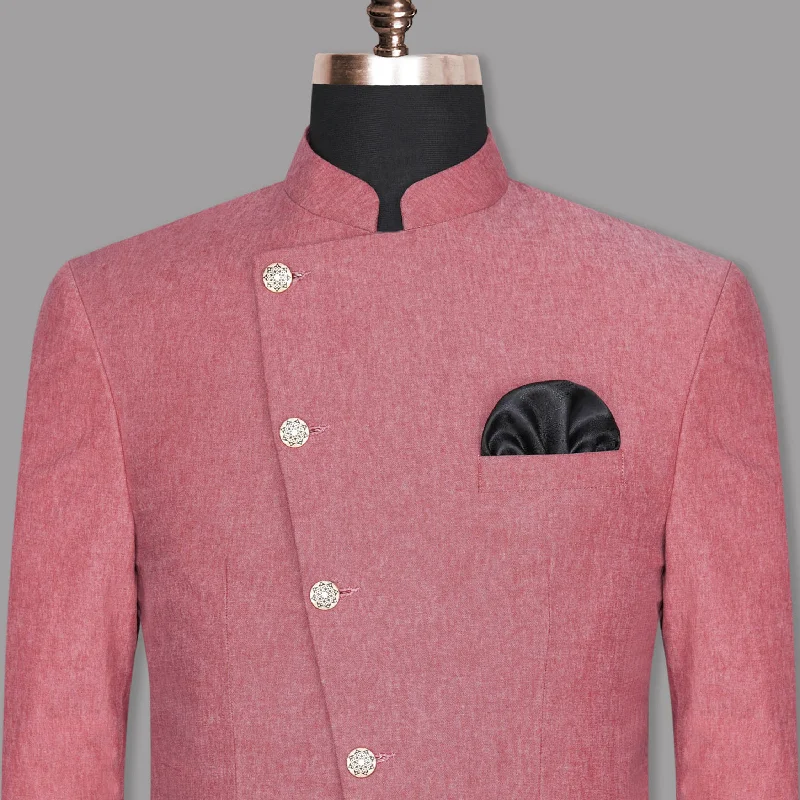 Best business tuxedo jacket for men -Light Coral Cross Placket Bandhgala/Mandarin Premium Cotton Blazer