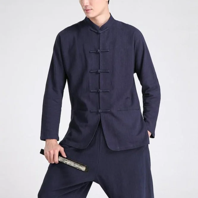 Men's premium grey wedding tuxedo -Mandarin Collar Linen Traditional Chinese Kung Fu Suit with Strap Buttons