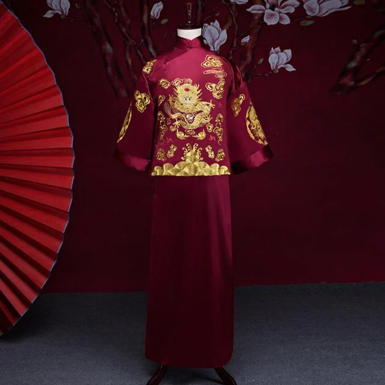 Men's modern office tuxedo jacket -Mandarin Sleeve Dragons Embroidery Full Length Traditional Chinese Groom Suit