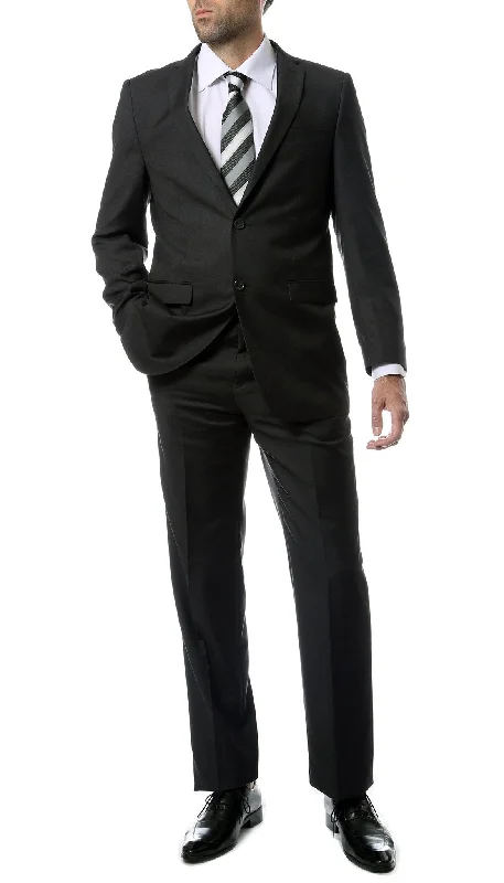 Men's slim fit wool tuxedo jacket -Mens 2 Button Charcoal Regular Fit Suit