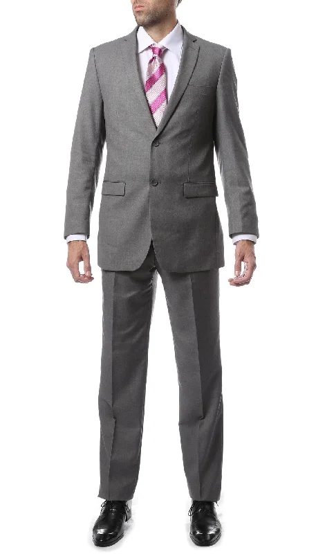 Men's tailored wool tuxedo jacket -Mens 2 Button Grey Regular Fit Suit