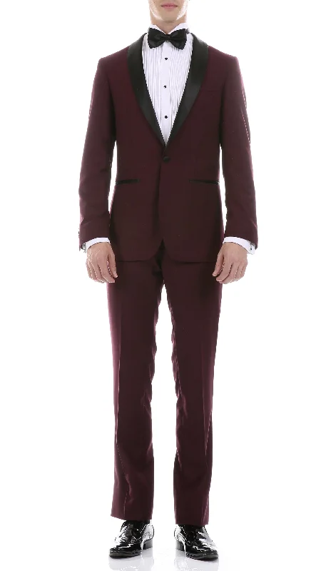 Best black tie tuxedo suit for men -Ferrecci Men's Reno Burgundy Slim Fit Shawl Lapel 2 Piece Tuxedo Suit Set