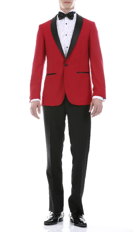 Men's high-end blue tuxedo jacket -Ferrecci Men's Reno Red/Black Slim Fit Shawl Lapel 2 Piece Tuxedo Suit Set