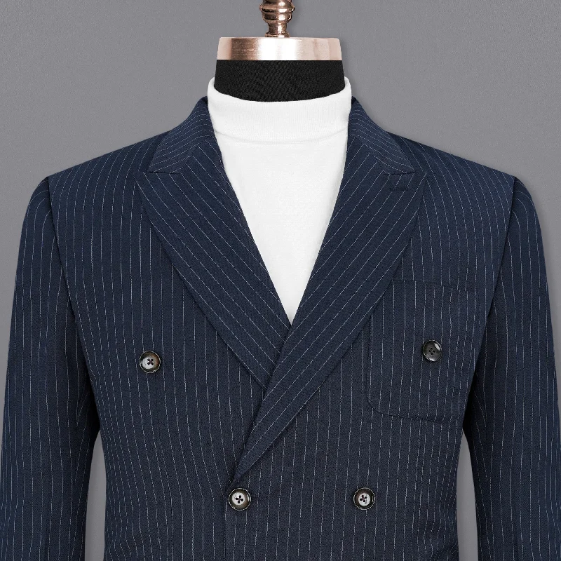 Men's designer three-piece wedding tuxedo -Midnight Mirage Navy Blue Striped Double-Breasted Blazer