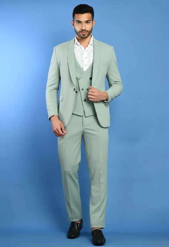 Modern slim fit men's tuxedo -Mint Green Solid Knitted Smart Fit Suit