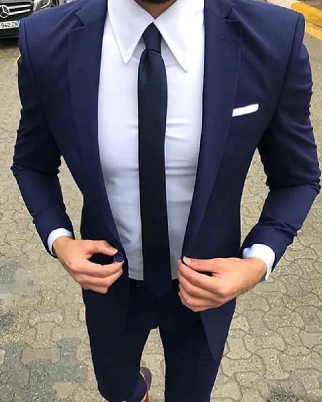 Men's wool tuxedo jacket for office -Navy Blue Groomsmen Wedding Suit two Pieces (jacket +pants)