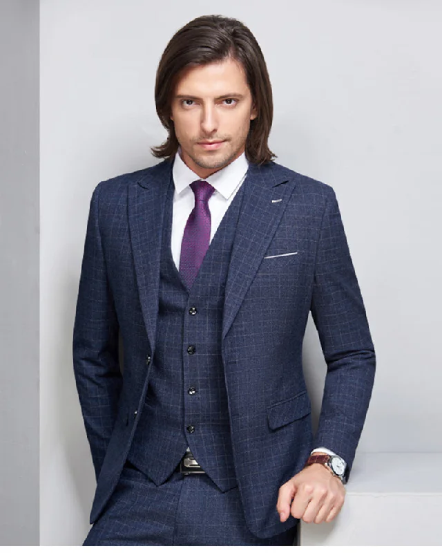 Men's grey wool formal tuxedo -Navy Blue Plaid Men's Business Suit Formal Wear Three Pieces (Jacket+pants+vest)