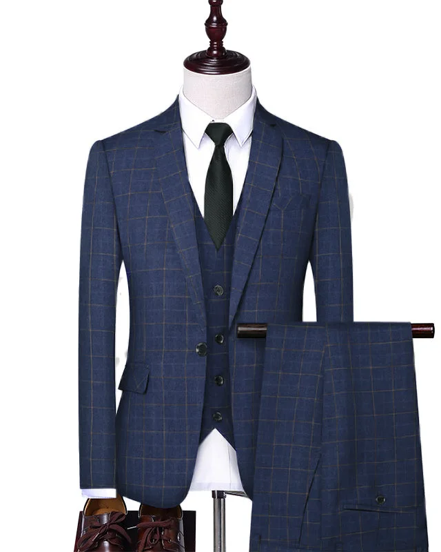 Men's high-end grey suit jacket -New Classyby SUits Dark Blue Checked Pattern Prom Tuxedos 3 Pieces (jacket+vest+pants))