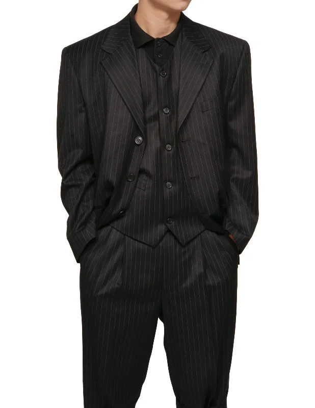 Men's formal black wool business suit -New Men's Three Piece Black Gangster Pinstripe Dress Suit with Matching Vest