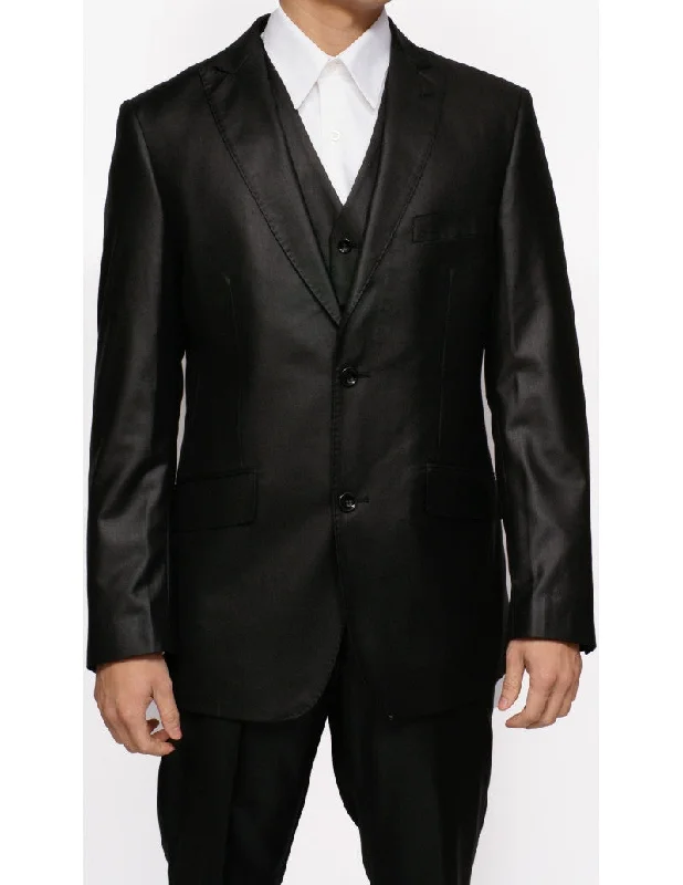 Men's formal office tuxedo suit -New Men's Three Piece Shiny Black Sharkskin Slim Fit Dress Suit